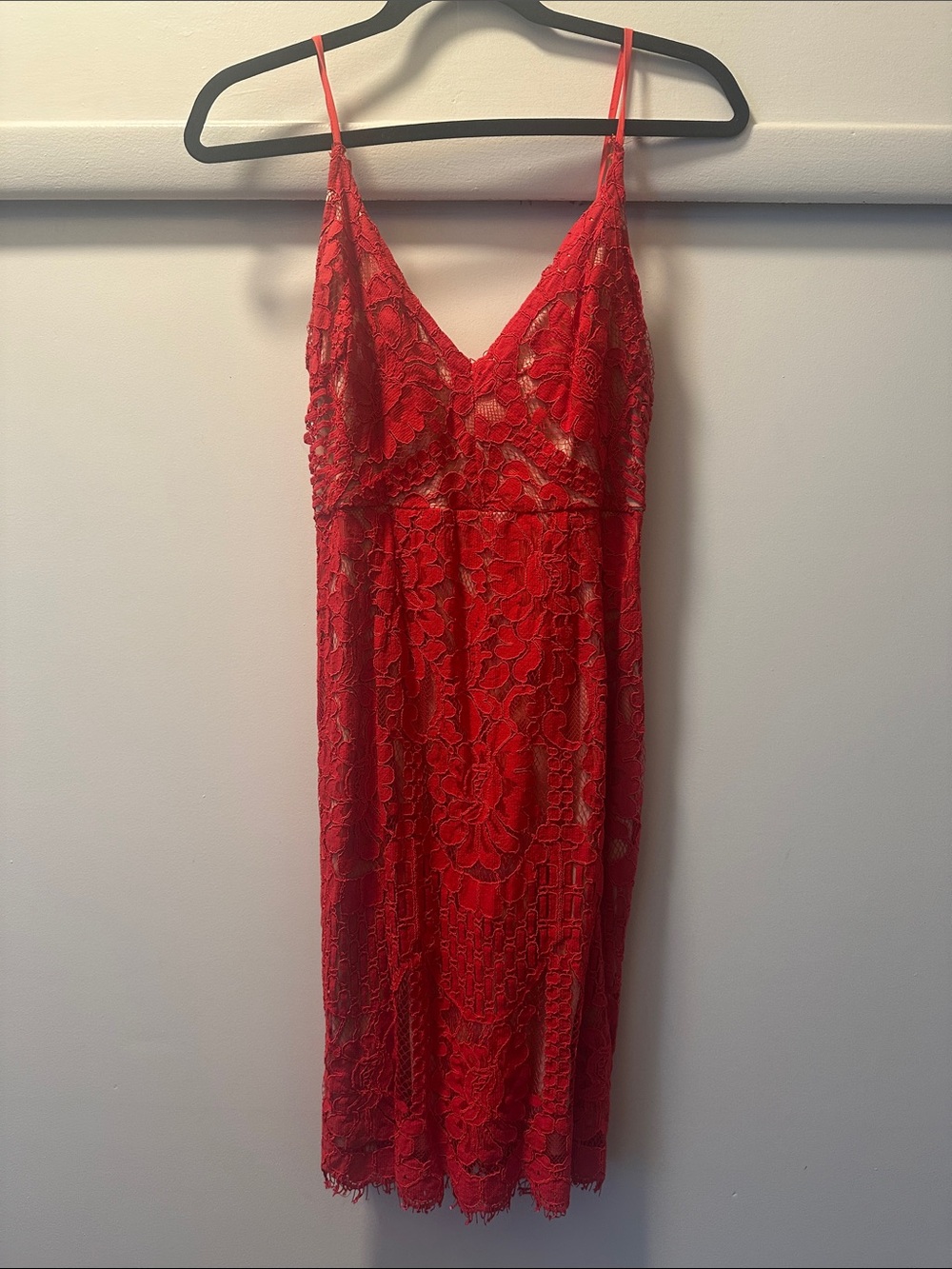 Red and nude lace cocktail dress